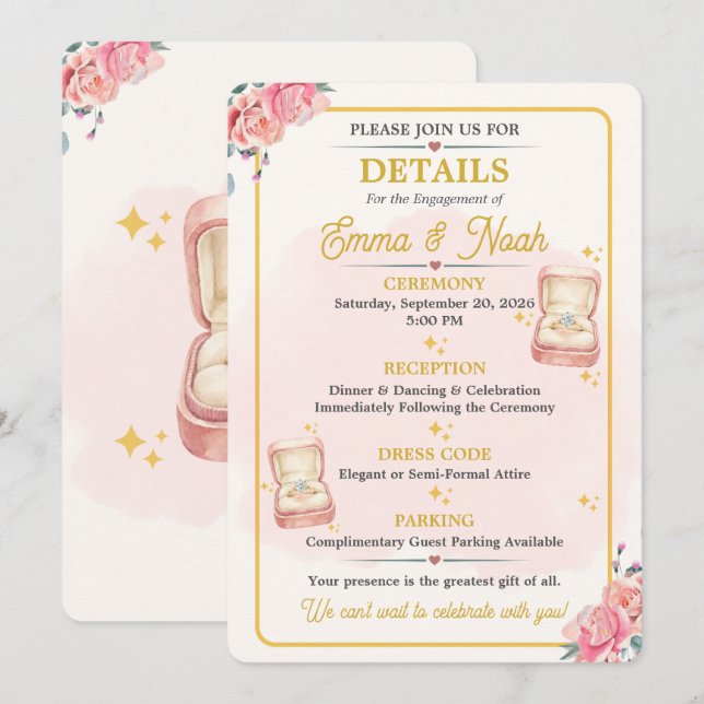 Tarjeta de Detalles de Fiesta de Compromiso Floral (Anverso / Reverso)