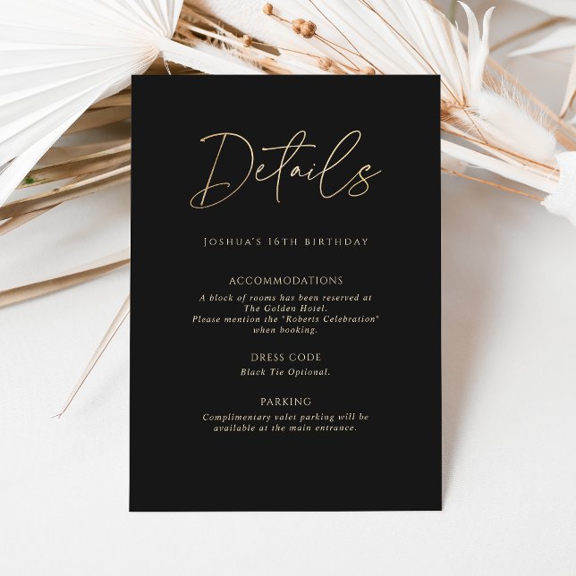 Tarjeta de Detalles de Fiesta de Cumpleaños 16 Mod (Modern Black Gold 16th Birthday Party Details Card)