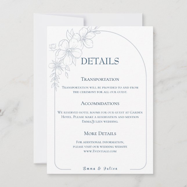 Tarjeta De Detalles De Floral Azul Blanco Y Polvor (Anverso)