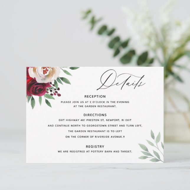 Tarjeta de detalles de floral de Borgoña boda (Anverso de pie)