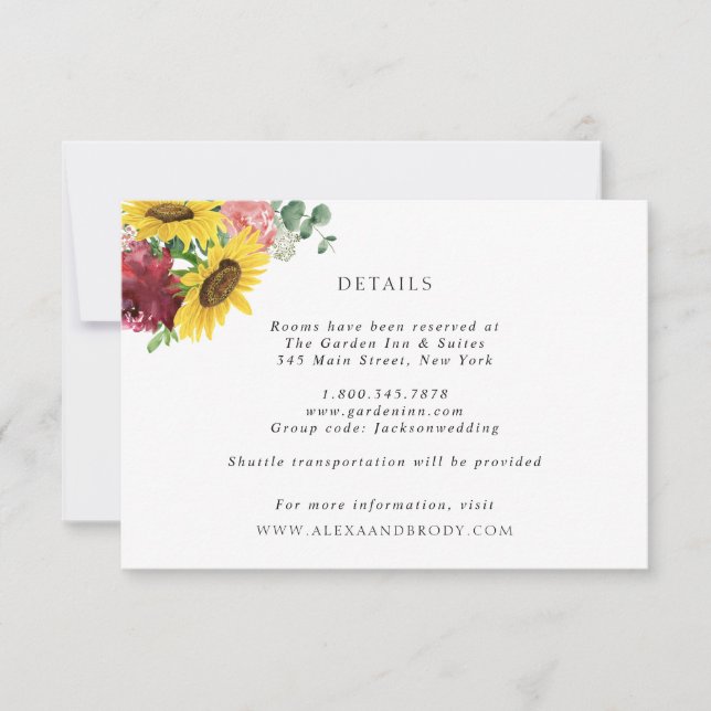 Tarjeta de detalles de girasoles y Rosas Bodas (Anverso)