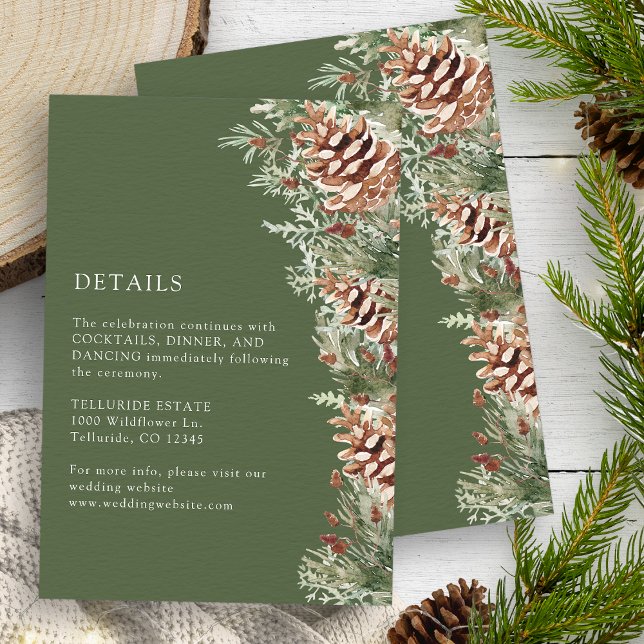 Tarjeta de detalles de invierno verde (Green Winter Watercolor Evergreen Pinecones Details Enclosure Card by Painted Paperie
)