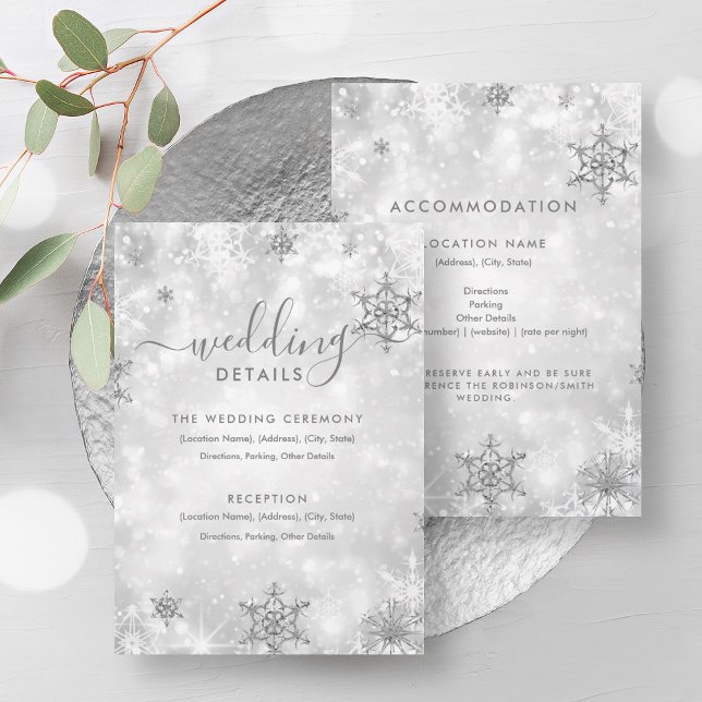 Tarjeta de detalles de la boda de invierno de espa (Festive Sparkle Silver Winter Wedding Details Card)