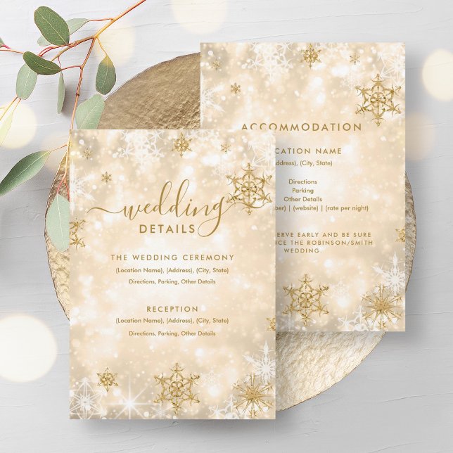 Tarjeta de detalles de la boda de invierno de la e (Festive Sparkle Gold Winter Wedding Details Card)
