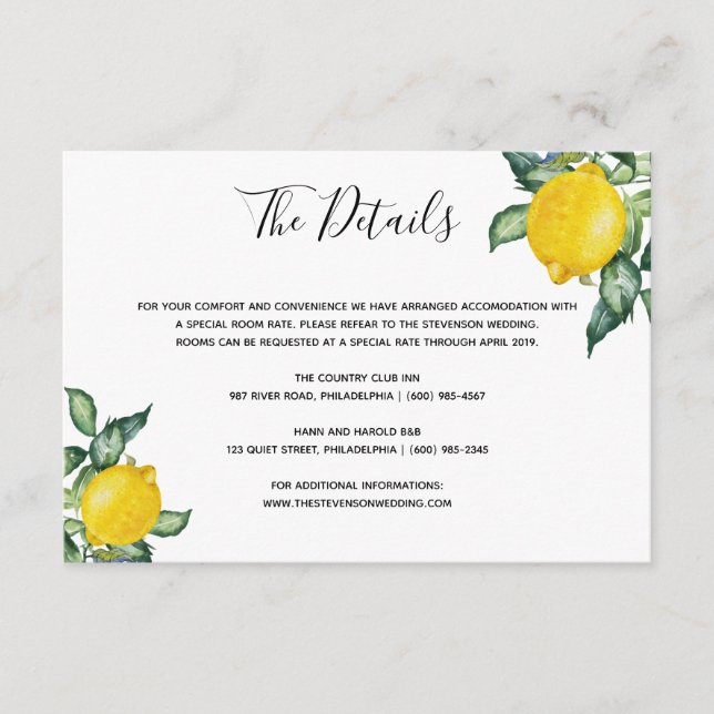Tarjeta de detalles de la boda de limones (Anverso)