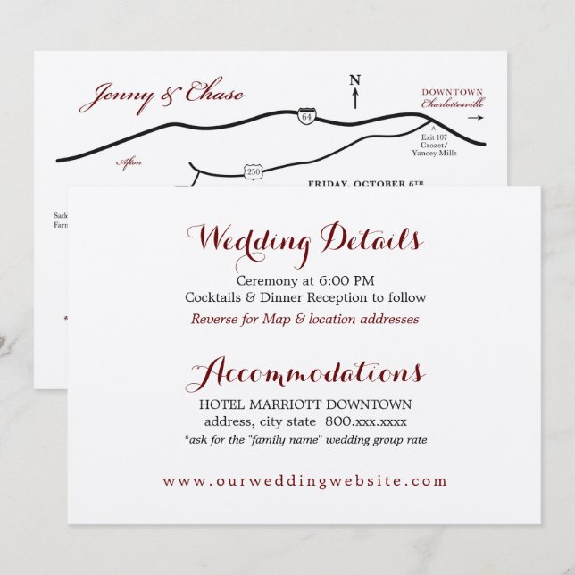 Tarjeta de detalles de la boda Mapa de recepción (Anverso / Reverso)