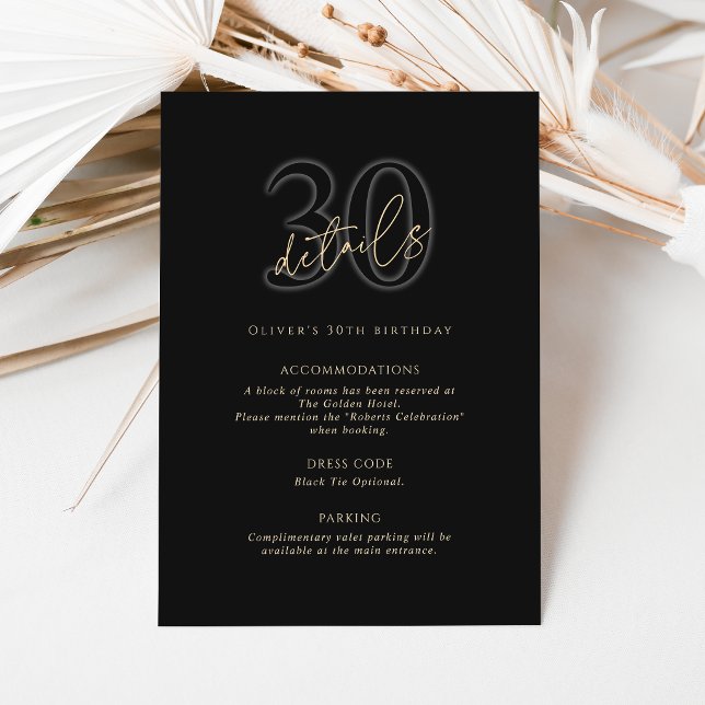 Tarjeta de Detalles de la Fiesta de Cumpleaños 30  (Modern Black Gold 30th Birthday Party Details Card)