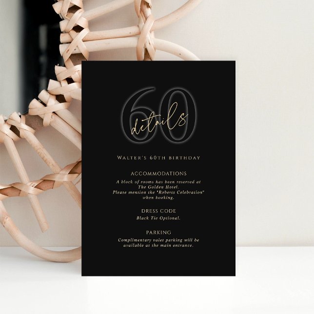 Tarjeta de Detalles de la Fiesta de Cumpleaños 60  (Modern Black Gold 60th Birthday Party Details Card)