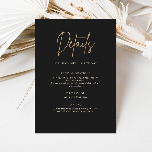 Tarjeta de Detalles de la Fiesta de Cumpleaños núm (Elegant Black Gold 50th Birthday Party Details Card)