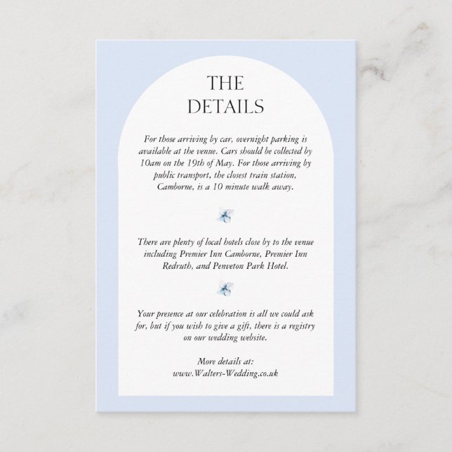 Tarjeta de detalles de la invitación a bodas Blue  (Anverso)
