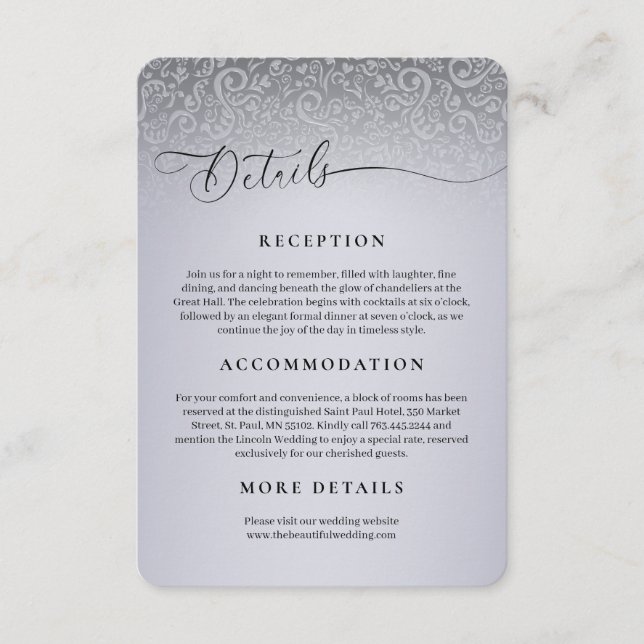 Tarjeta de detalles de la recepción de la boda de  (Anverso)