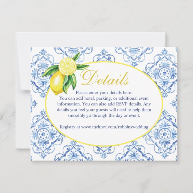 Tarjeta de detalles de limón floral italiano Blue  (Anverso)