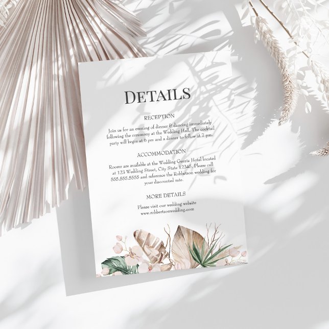 Tarjeta de detalles de orquídeas tropicales y Boda (Tropical Orchid and Monstera Wedding Details Card on a sunny white table.)