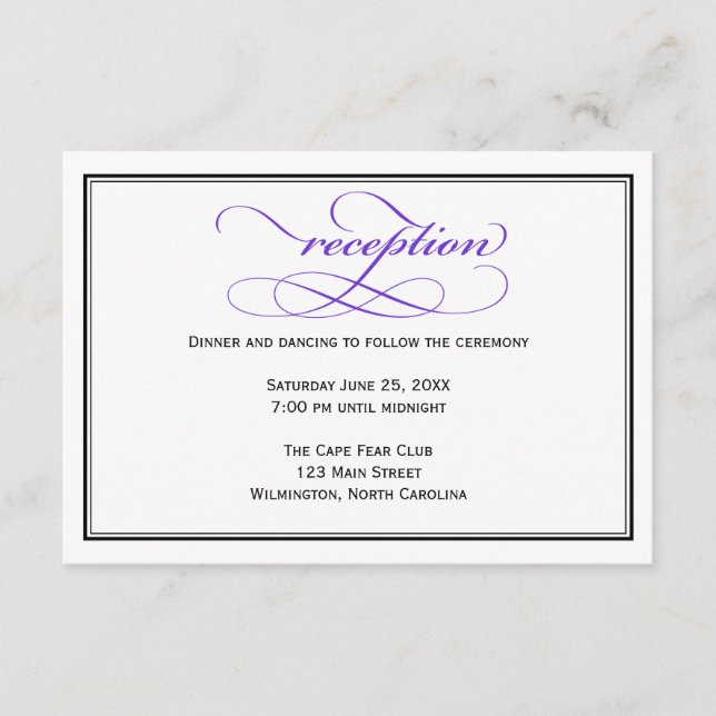 Tarjeta de detalles de recepción de boda con guión (Anverso)