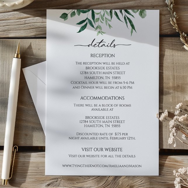 Tarjeta de detalles de recepción de eucalipto verd (Greenery Eucalyptus Reception Details Card)