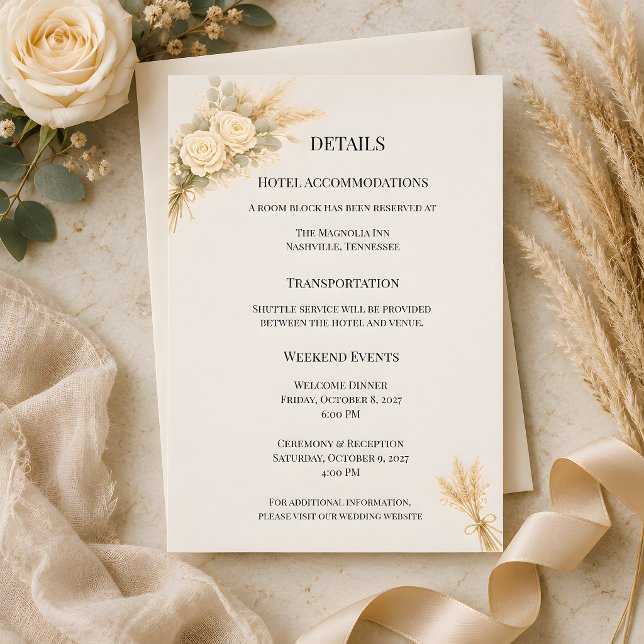 Tarjeta de detalles de rosa rústica de lujo con hi (Part of the luxury rustic wedding collection, details card)
