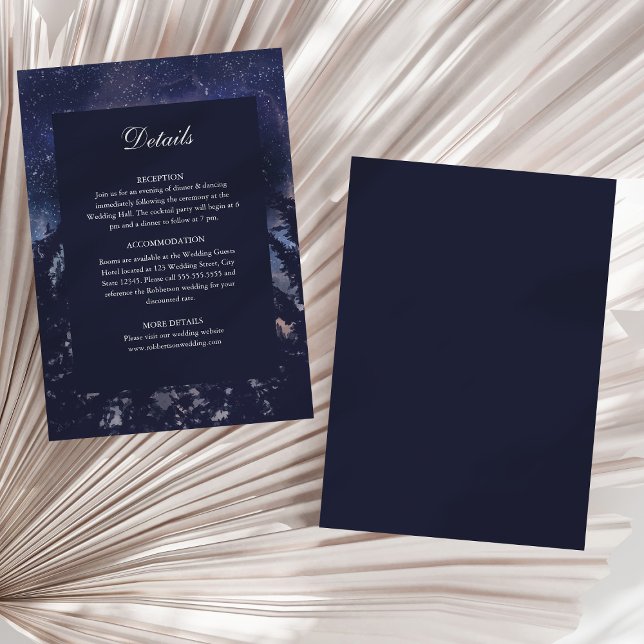 Tarjeta de detalles de Starry Night Forest Boda (Starry Night Forest Wedding Details Card on a sunny white dry palm leaf.)