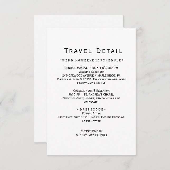 Tarjeta de detalles de viaje para boda de destino (Anverso / Reverso)