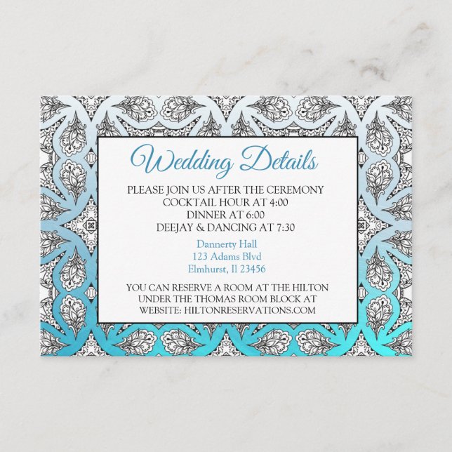 Tarjeta de detalles del Boda Aqua Blue Mandala (Anverso)