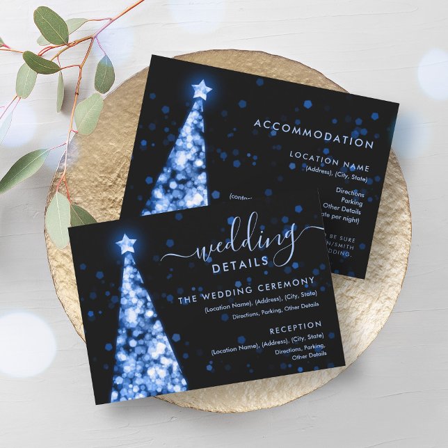 Tarjeta de detalles del Boda azul de la Marina de  (Festive Xmas Tree Navy Blue Wedding Details Card)