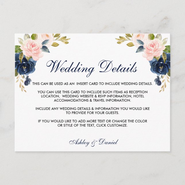 Tarjeta de detalles del Boda azul floral de Rubor  (Anverso)