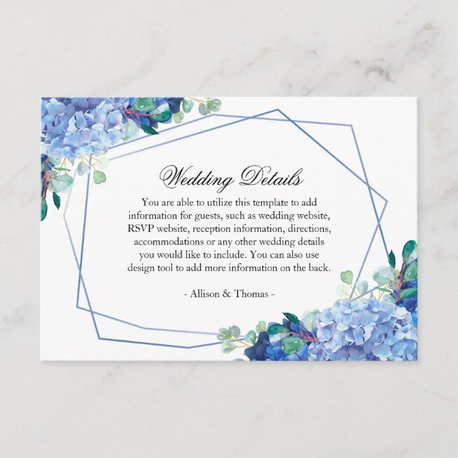 tarjeta de detalles del boda azul hidrangea eucali (Anverso)