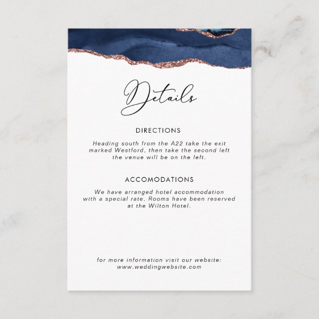 tarjeta de detalles del boda azul marino y oro ros (Anverso)