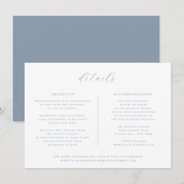 Tarjeta de detalles del Boda azul turbio minimalis (Anverso / Reverso)