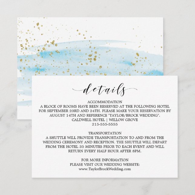 Tarjeta de detalles del Boda azul y dorado de colo (Anverso / Reverso)