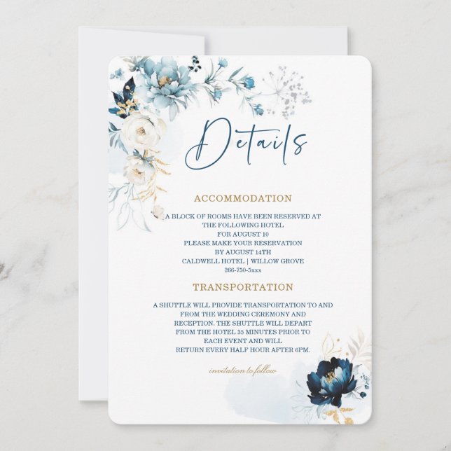 Tarjeta de detalles del Boda azul y oro de la mari (Anverso)