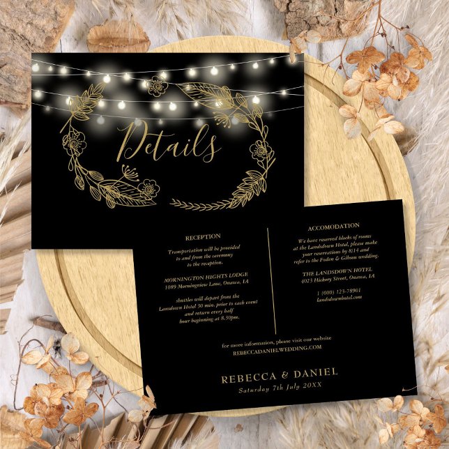 Tarjeta de detalles del Boda Black And Gold String (Black And Gold String Lights Wedding Details Card)