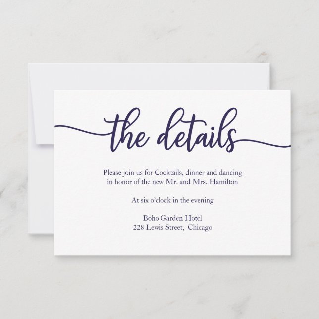 Tarjeta de detalles del Boda blanco azul de la Mar (Anverso)