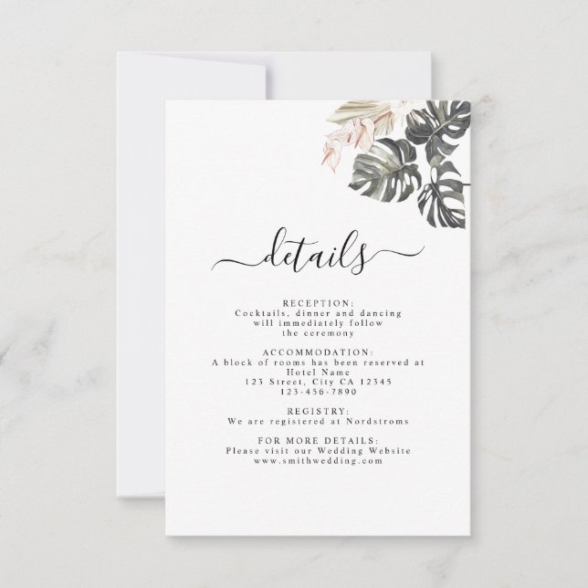 Tarjeta de detalles del Boda bohemio de la palma f (Anverso)