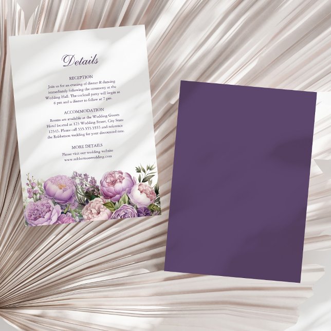 Tarjeta de detalles del Boda Boho Lilac Peonies (Boho Lilac Peonies Wedding Details Card on a boho neutral dry palm leaf.)