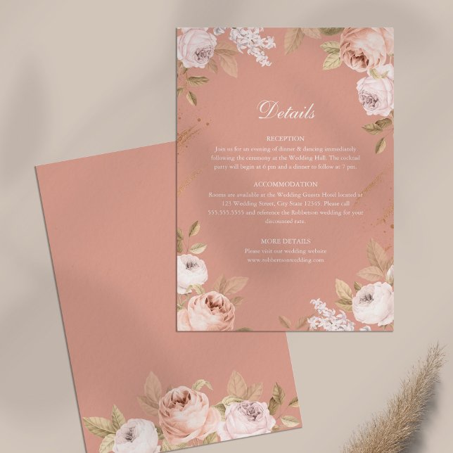 Tarjeta de detalles del Boda Boho Pink Peonies (Boho Pink Peonies Wedding Details Card on white table)