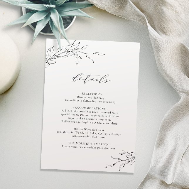 Tarjeta de detalles del boda botánico de elegancia (Simple elegance botanical wedding details card)