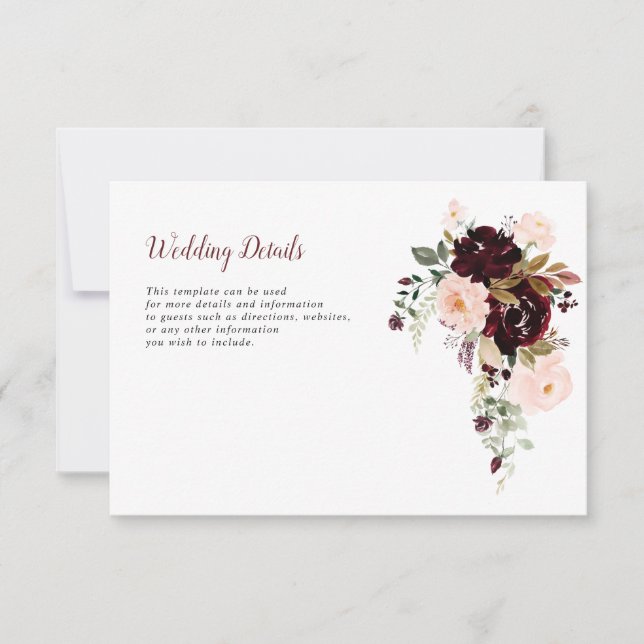 tarjeta de detalles del boda burgundy y blush (Anverso)