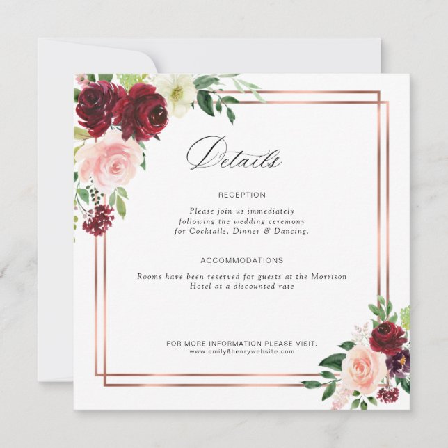 tarjeta de detalles del boda burgundy y blush (Anverso)