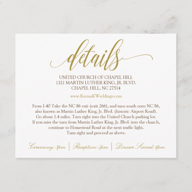 Tarjeta de detalles del boda | Caligrafía de lujo  (Anverso)