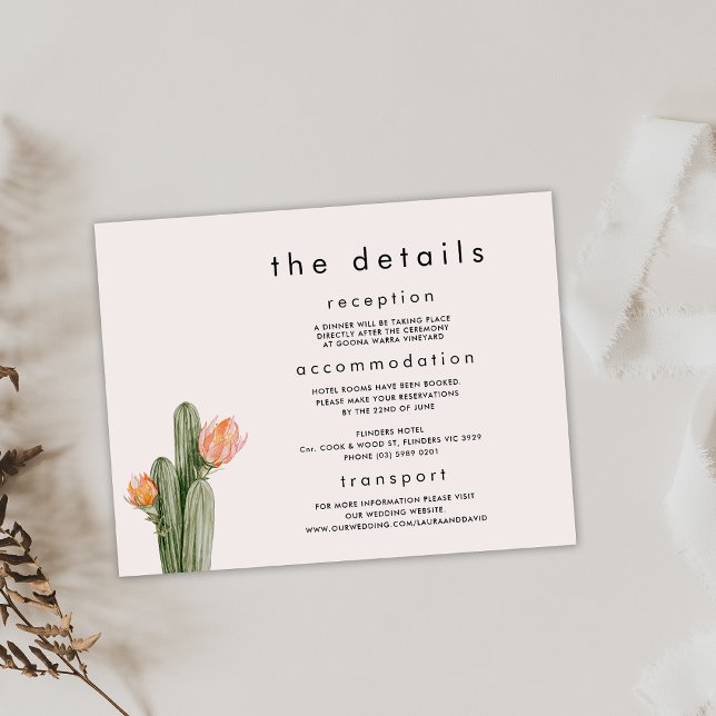 Tarjeta de detalles del Boda de Cactus floral Nara (Modern Flowering Cactus Wedding Details Card, Orange Flowering Cactus Wedding Details Enclosure Card)