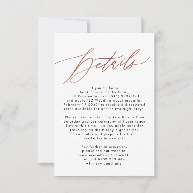 Tarjeta de detalles del Boda de caligrafía de oro  (Anverso)