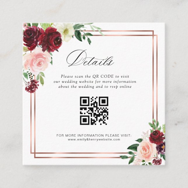 tarjeta de detalles del boda de código qr de burgu (Anverso)