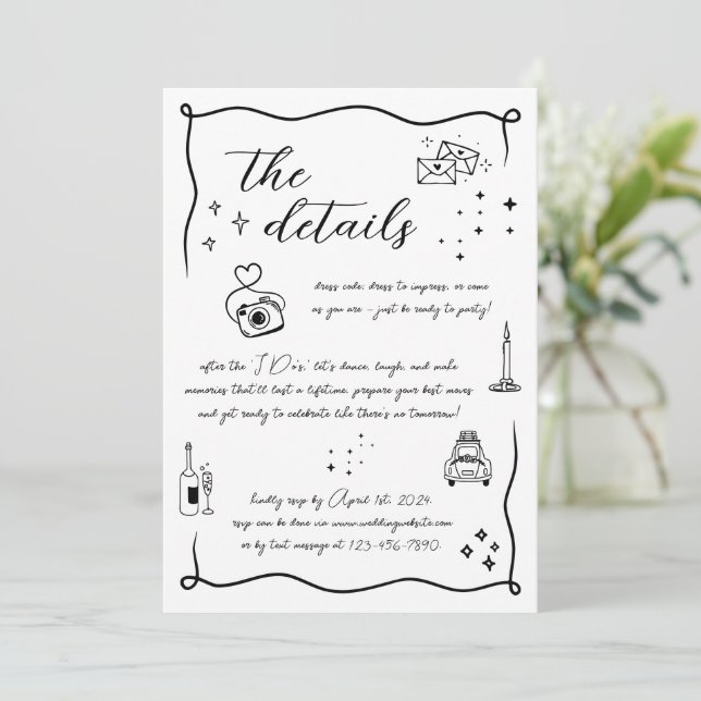 Tarjeta de detalles del Boda de dibujos a mano (Anverso de pie)