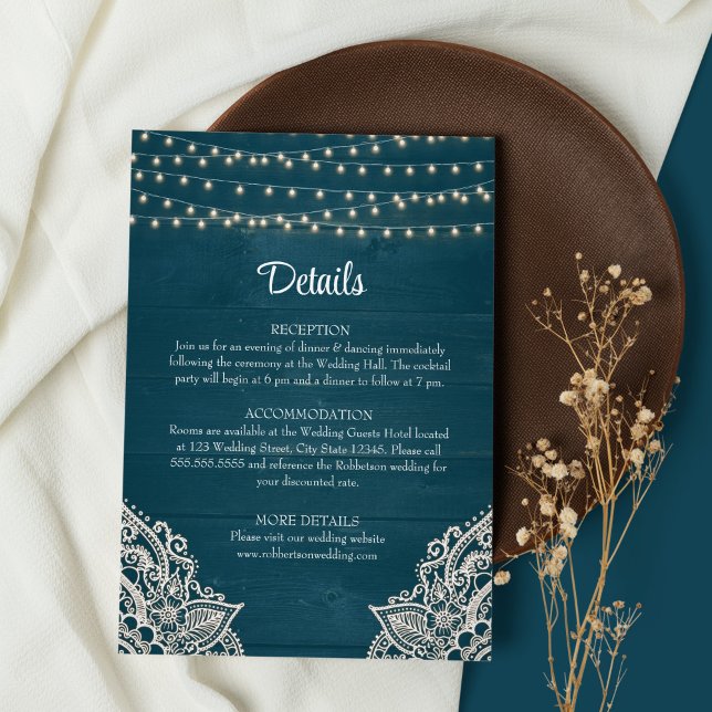 Tarjeta de detalles del Boda de elegancia rústica  (Dark Teal Wedding Details on brown and white background with dry wildflower)