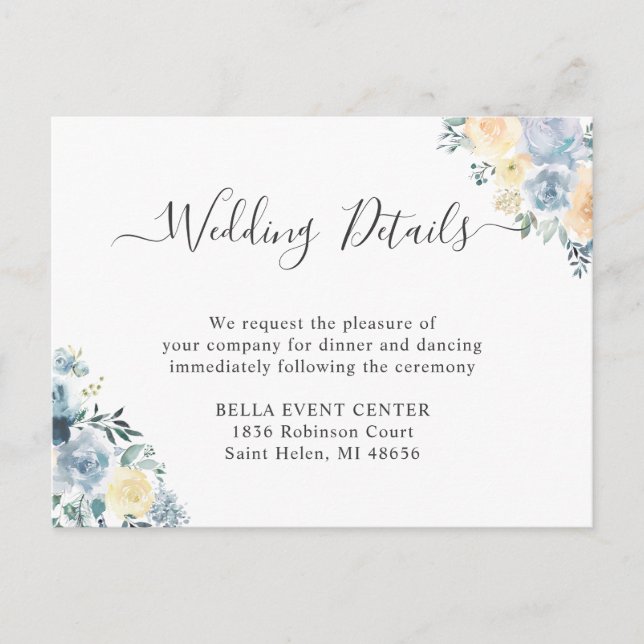 Tarjeta de detalles del Boda de floral azul de vai (Anverso)