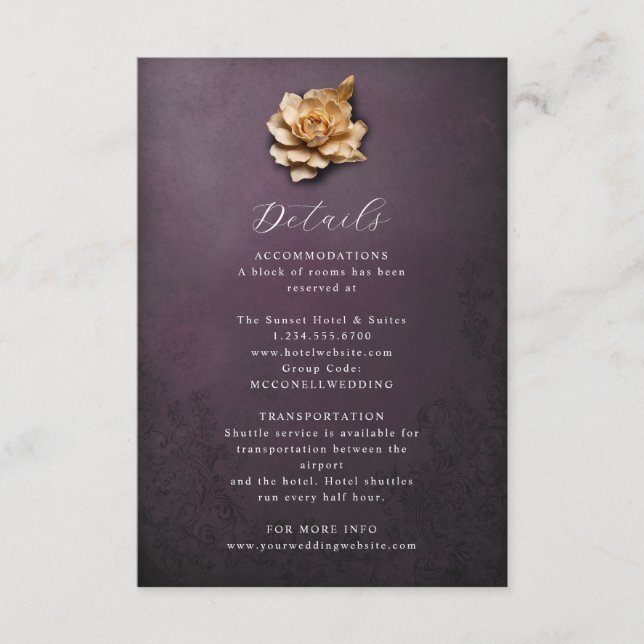 Tarjeta de detalles del boda de flores metálicas r (Anverso)