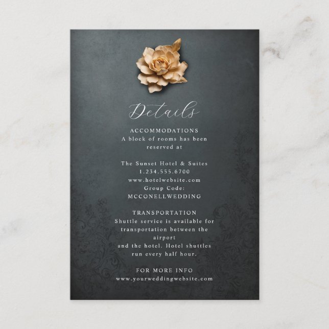 Tarjeta de detalles del boda de flores metálicas r (Anverso)