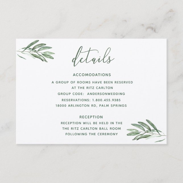Tarjeta de detalles del Boda de hojas de oliva (Anverso)