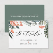 Tarjeta de detalles del boda de hojas tropicales d