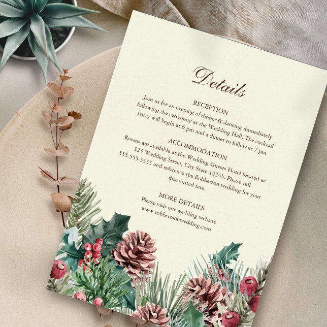 Tarjeta de detalles del Boda de la vegetación de i (Winter Evergreen Elegance Wedding Details on neutral background.)
